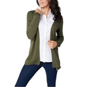 Denim & Co. Open Front Knit Sweater Cardigan Size 2X Olive Green Long Sleeve